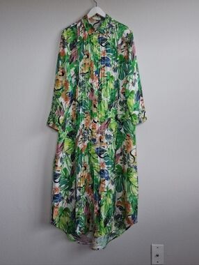 Lanhtropy 100% Linen Midi Shirt Dress Green Tropicalia Monkey Jungle